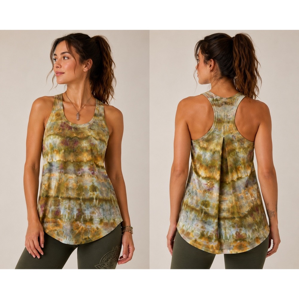 Lululemon Tank Top‎ Womens 4/6 Green Brown Tie Dye Racerback Pleated Back CUSTOM